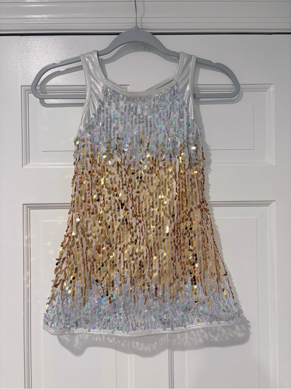 Girls White and Gold Sequin Dance Costume Dress